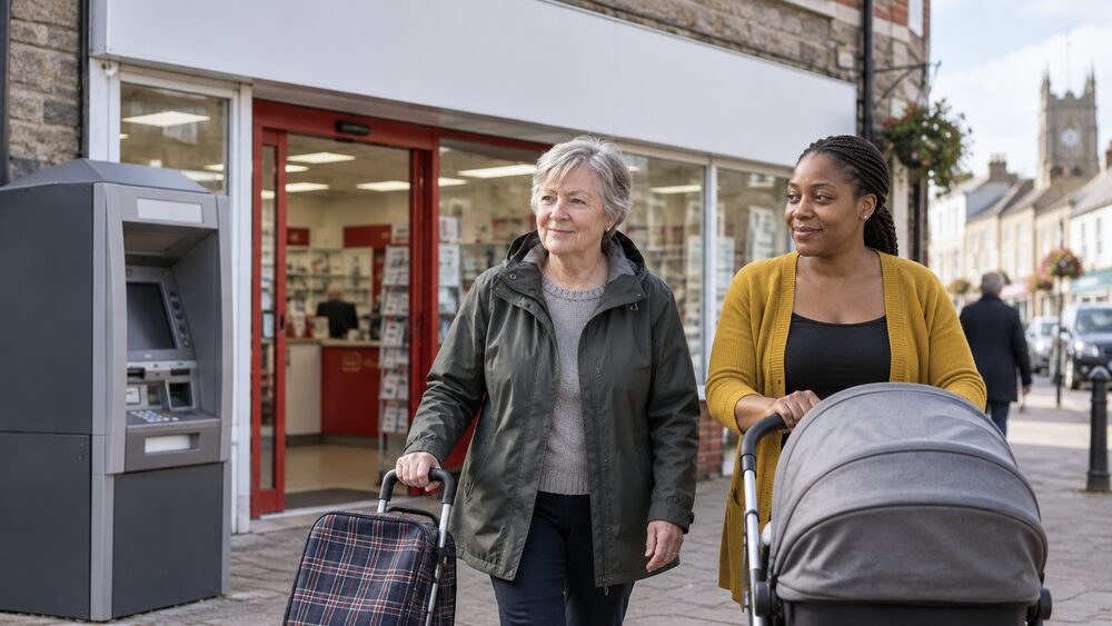 Two women, one with a shopping trolley and one with a pram, approach a Post Office.