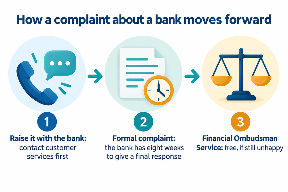 A flow showing the three steps from raising a complaint with a bank to the Financial Ombudsman Service