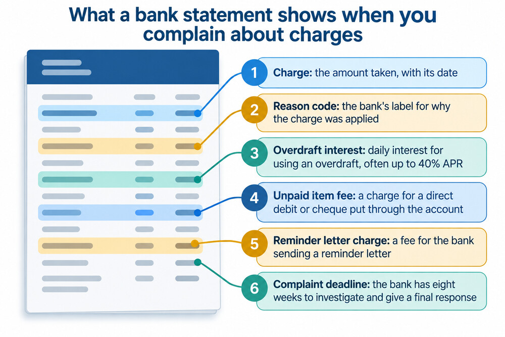 A bank statement with an overdraft interest line and an unpaid item fee highlighted