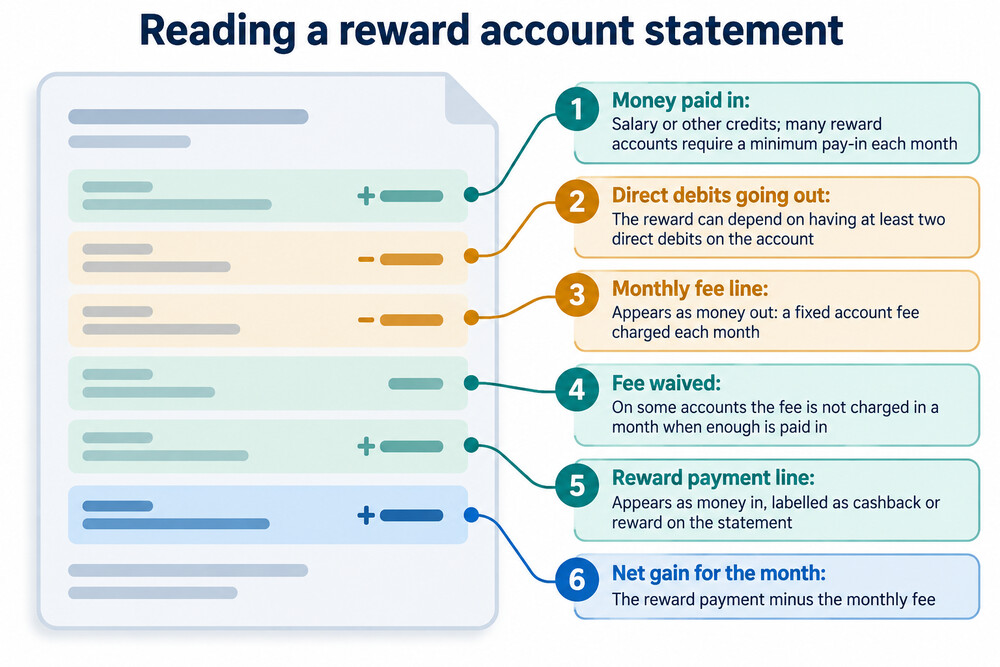 A monthly current account statement showing a reward payment credited and a monthly account fee debited