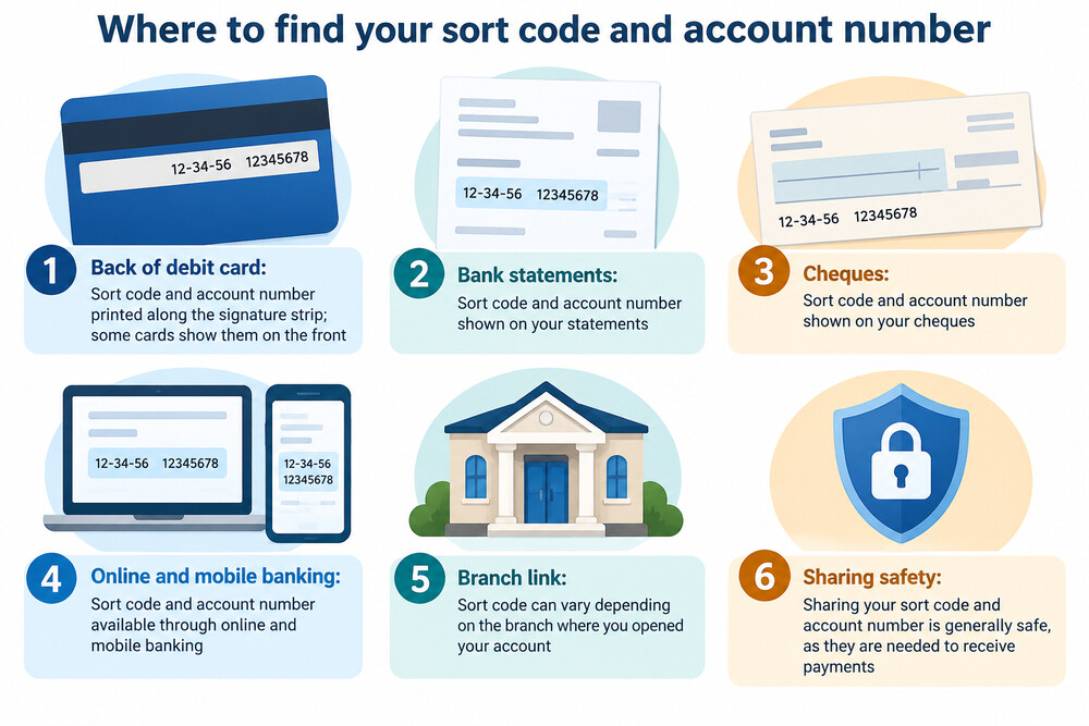 A debit card shown from the back, with the sort code and account number printed along the signature strip