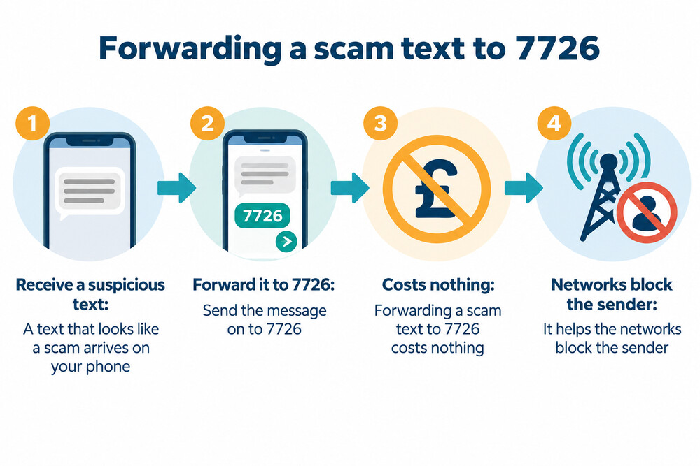 A phone screen showing a suspicious text message being forwarded to 7726