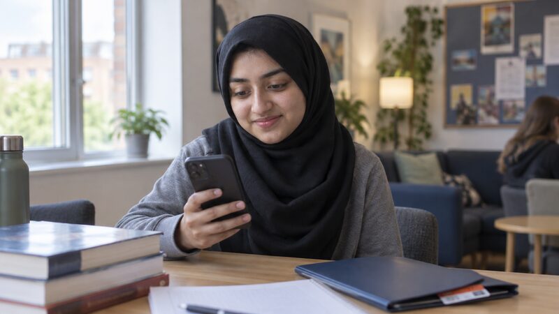 A student in a hijab sits at a desk with textbooks, looking at a banking app on her phone.