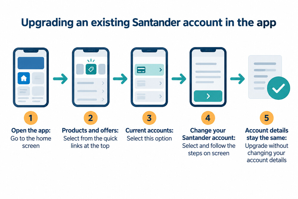 A flow showing the steps to upgrade an existing Santander account in the app