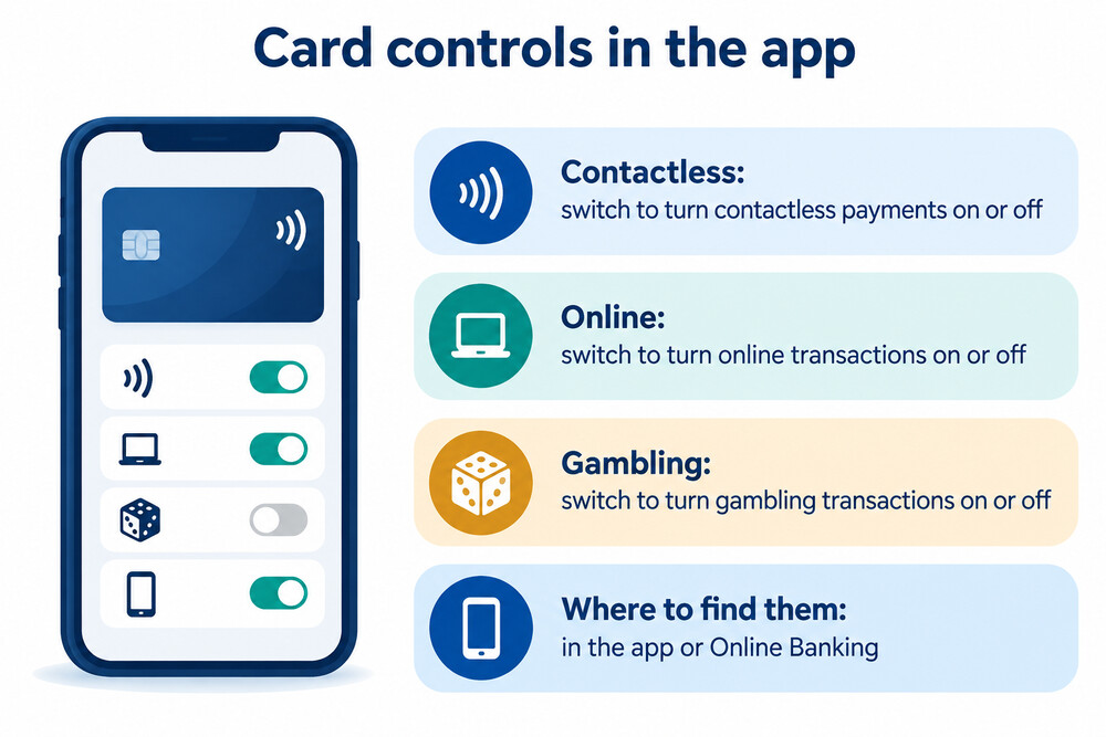 A phone showing a banking app with card controls for contactless, online and gambling transactions