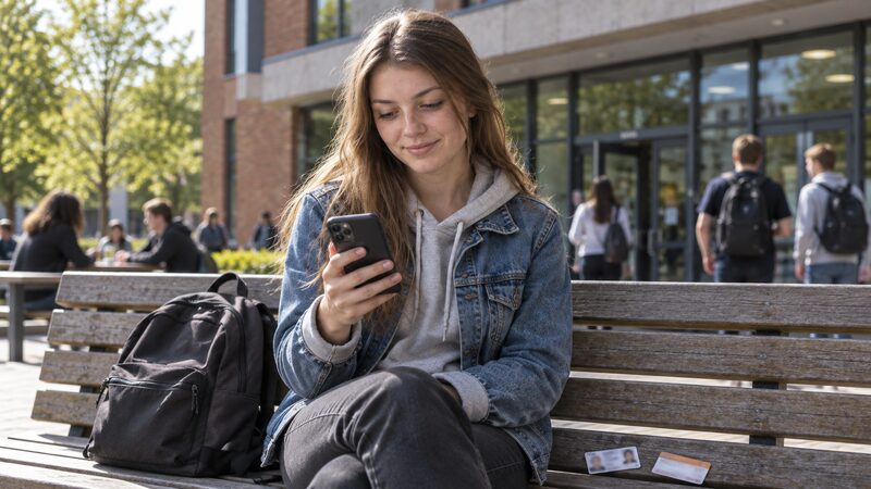 A student checking a banking app on a phone while sitting with a railcard and a student ID card
