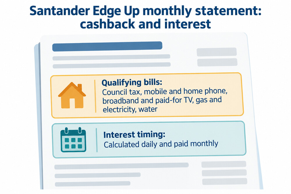 A Santander Edge Up account holder's monthly statement showing cashback paid in and interest added