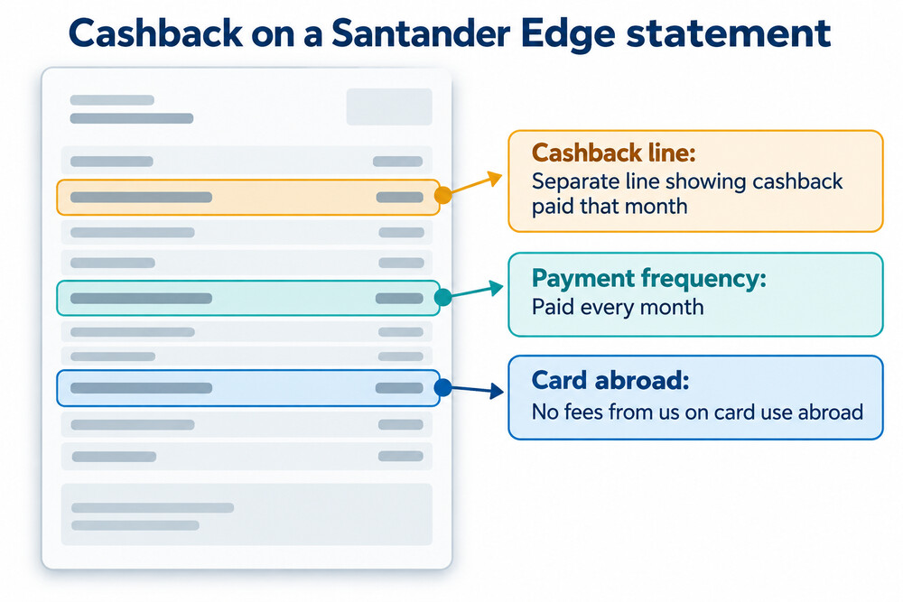 A monthly statement page showing cashback paid on household bills and everyday spending