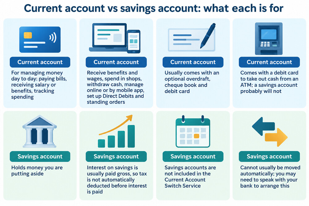 A side-by-side comparison of a current account and a savings account showing what each one is used for