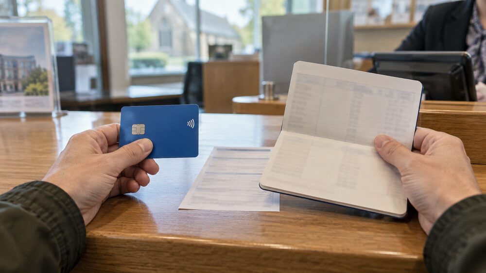 Close-up of hands holding a debit card and a savings passbook side by side on a counter.
