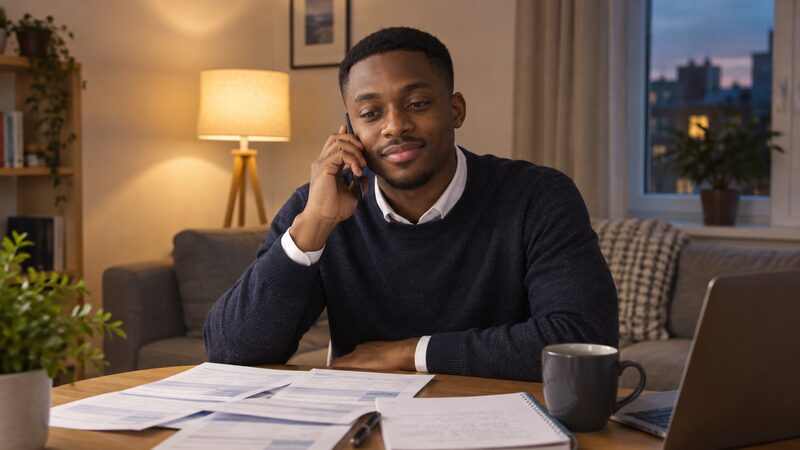 A young man sits at a table in the evening, holding a phone to his ear with bank statements and a budget sheet.