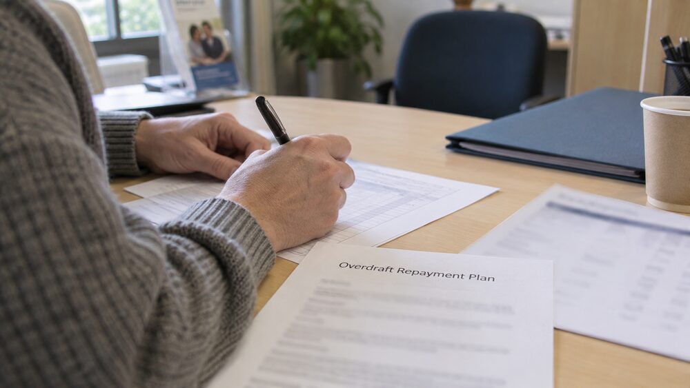 Two people sit in an advice centre waiting area, one with a bank letter on their knee.