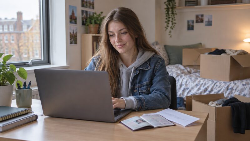 A student sits at a desk in a halls bedroom with a laptop, passport and letter.