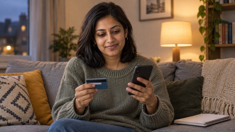 A woman sits on a sofa in the evening, comparing a debit card with her smartphone and a notebook.