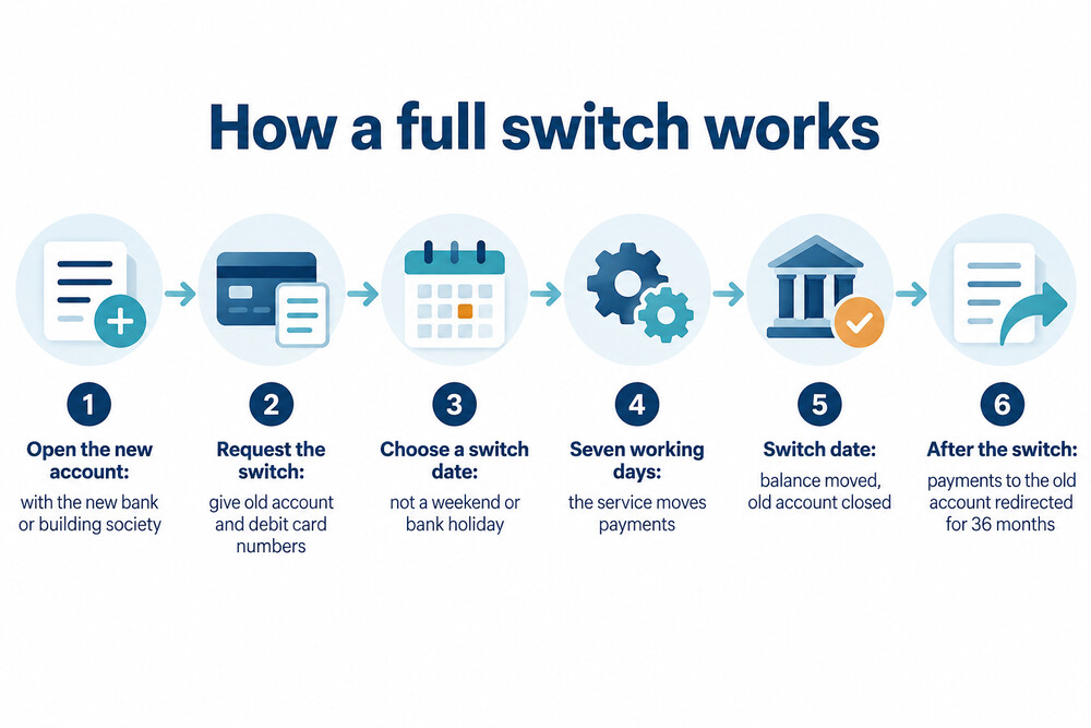 A diagram of the switch process, from opening a new account to the old account closing