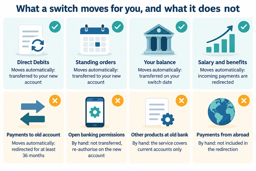 A checklist showing which payments and balances move to the new account and which stay behind