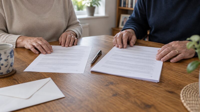 Close-up of hands resting on two legal documents on a wooden table, with a pen and envelope.