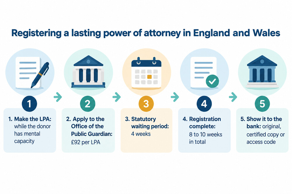 Flow showing the stages of registering a lasting power of attorney in England and Wales