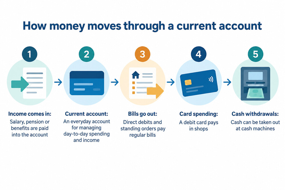 A diagram showing money flowing into and out of a current account: salary, pension and benefits in; bills, card spending, cash and transfers out
