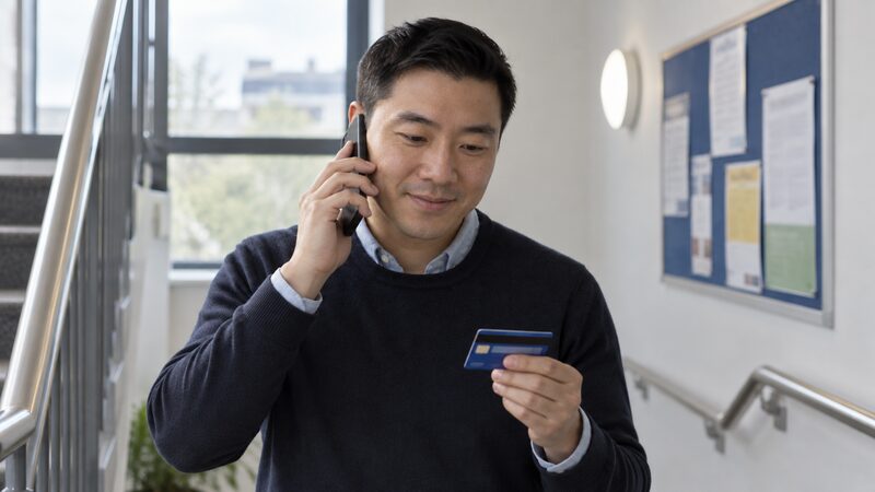 A man on an office stairwell holds a phone to his ear and looks at a debit card in his hand.