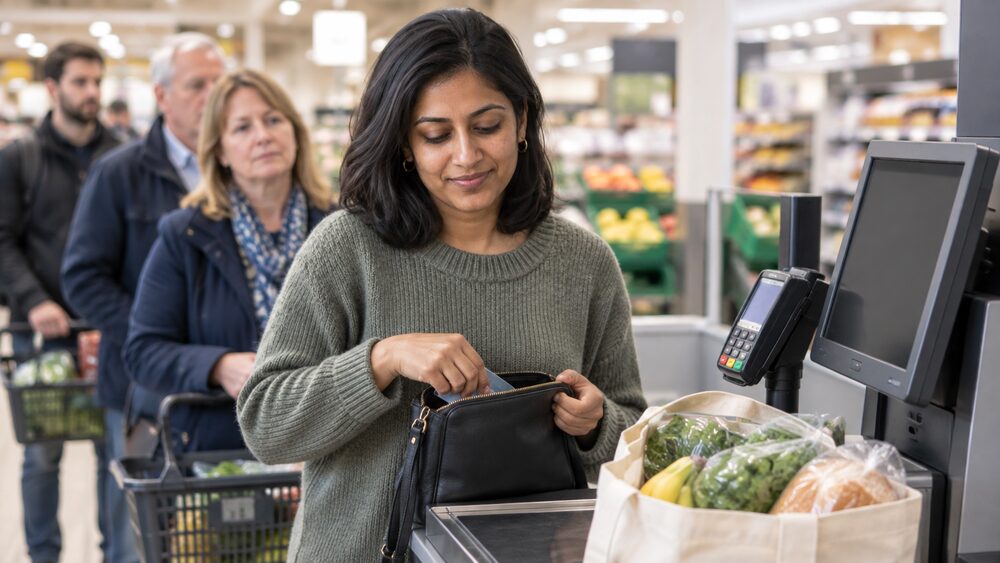 A woman reaches for a second card at a supermarket self-checkout with a queue behind her.