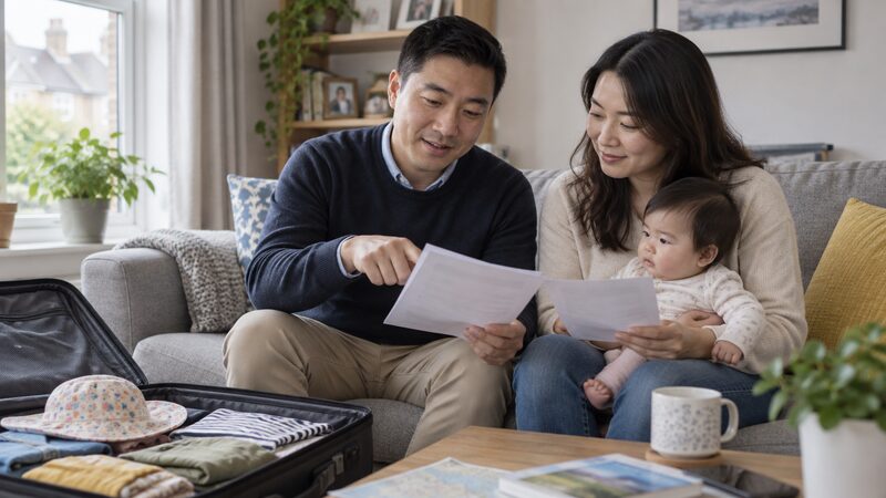 A couple with a baby on a sofa discuss papers beside a half-packed suitcase on the floor.