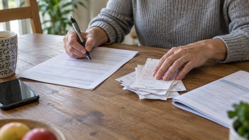 Hands complete a claims form with a pen beside a stack of receipts and a folded document.