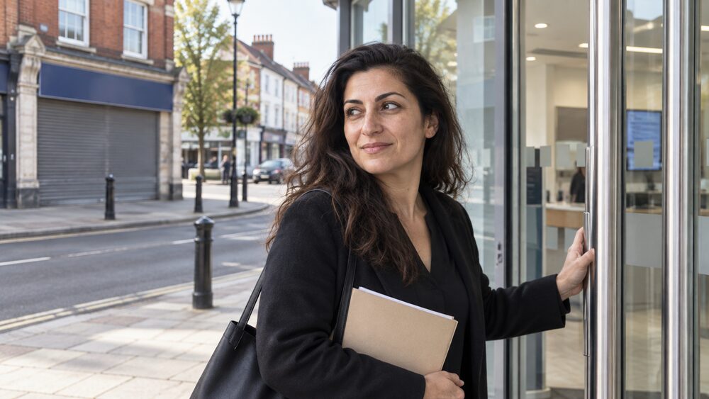 A woman stands at a modern building society door, glancing back at an older branch across the road.