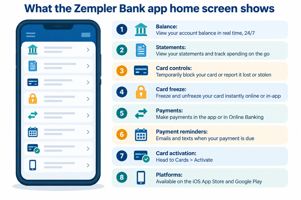 The Zempler Bank app home screen showing balance, card controls and payment options