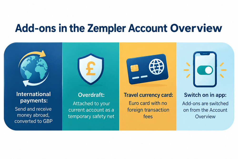 A phone screen showing a Zempler account overview with add-ons listed