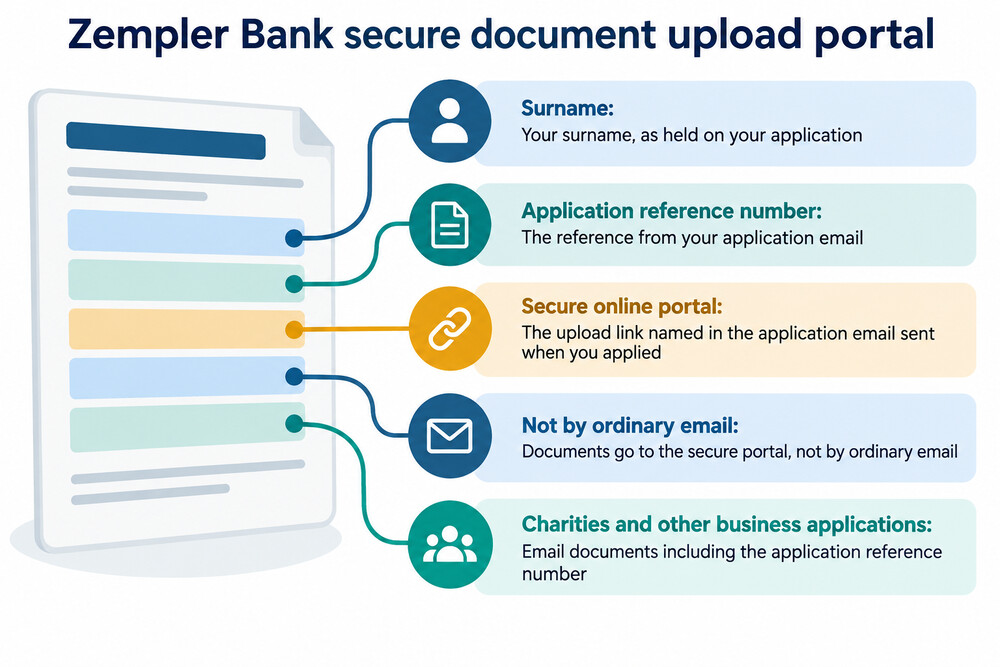 A Zempler Bank secure document upload portal, showing the fields for surname and application reference number