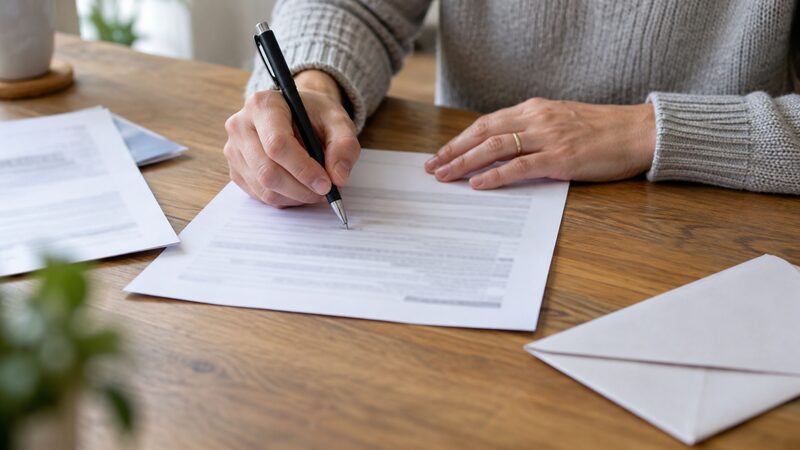 Hands fill in a printed form with a pen on a wooden table beside an envelope.