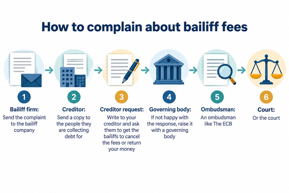 A flow diagram showing the complaint route from bailiff firm to creditor to governing body or court