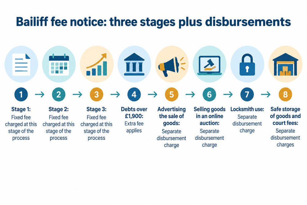 A bailiff fee notice showing the three stages and the separate disbursement charges
