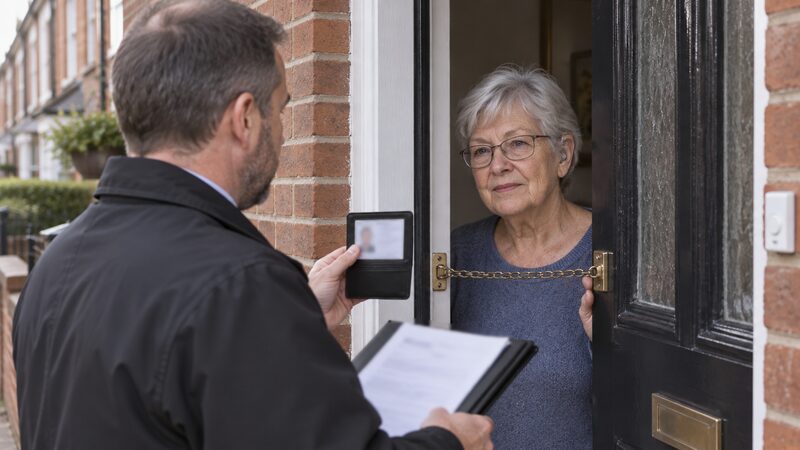 A bailiff holds up ID and paperwork at a front door where an older woman listens through the chain.
