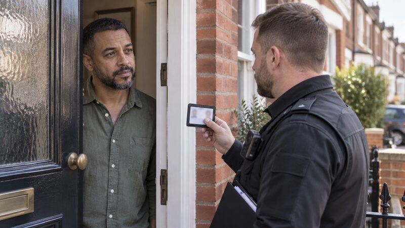 A bailiff at a front door showing an identification badge and a court warrant to the householder