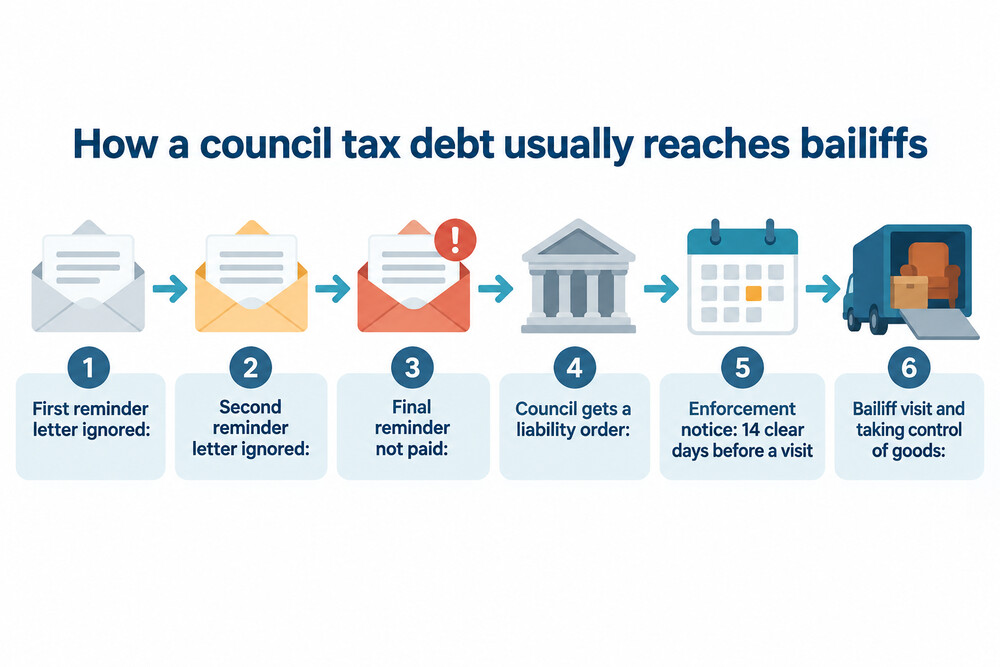 The usual path from missed council tax to a bailiff visit