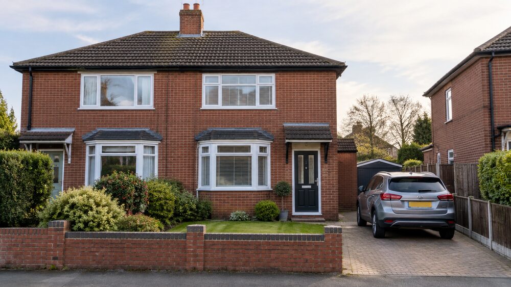 A red-brick semi-detached house with a front garden and a car on the drive.
