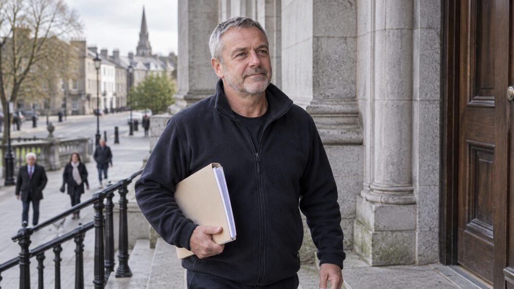 A man in a work fleece stands on courthouse steps holding a folder of papers.