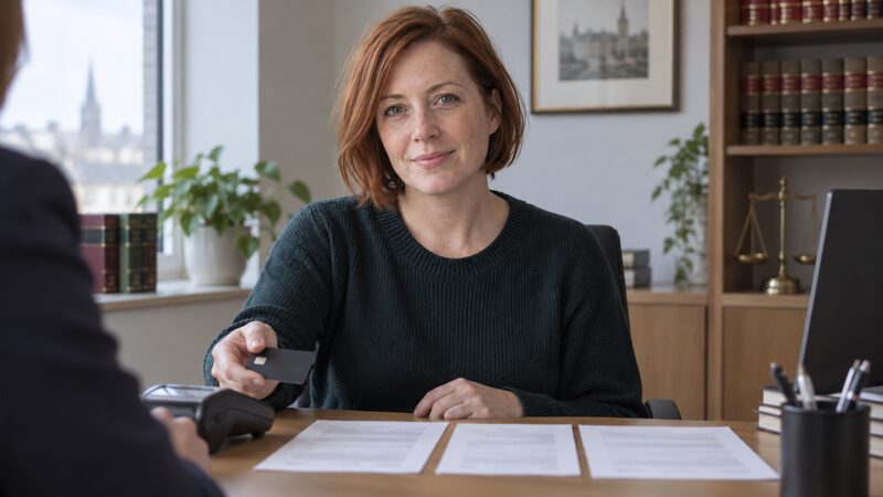 A woman sits at a desk with blurred papers and holds a payment card, ready to pay fees.