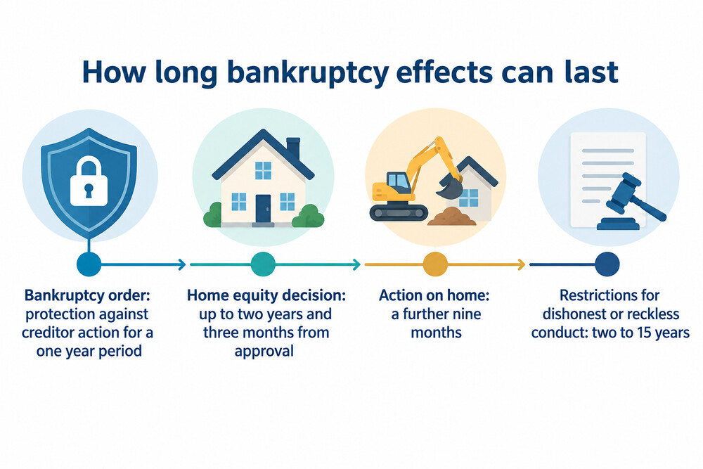 Diagram showing a bankruptcy order's one-year protection and the possible two to 15 year extension of restrictions