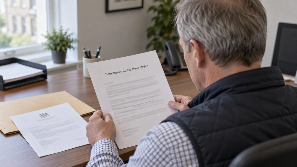 Hands sign a printed document with a pen on a wooden table beside a folded sheet and envelope.