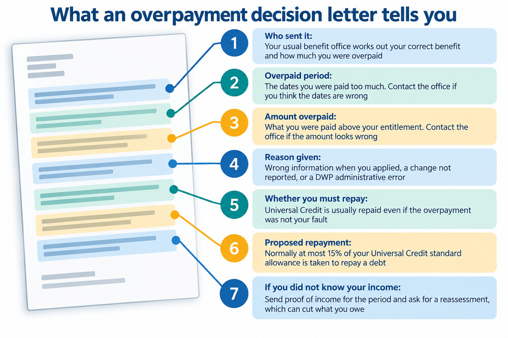 A letter from a benefits office showing a revised award and an overpayment amount