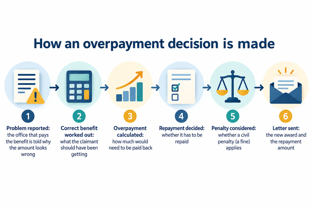 Flow showing how a benefits office decides an overpayment, from reporting a problem to receiving a decision letter
