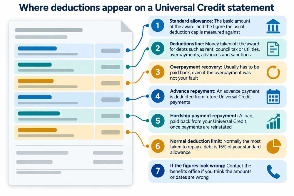 A Universal Credit statement showing deductions listed below the payment amount