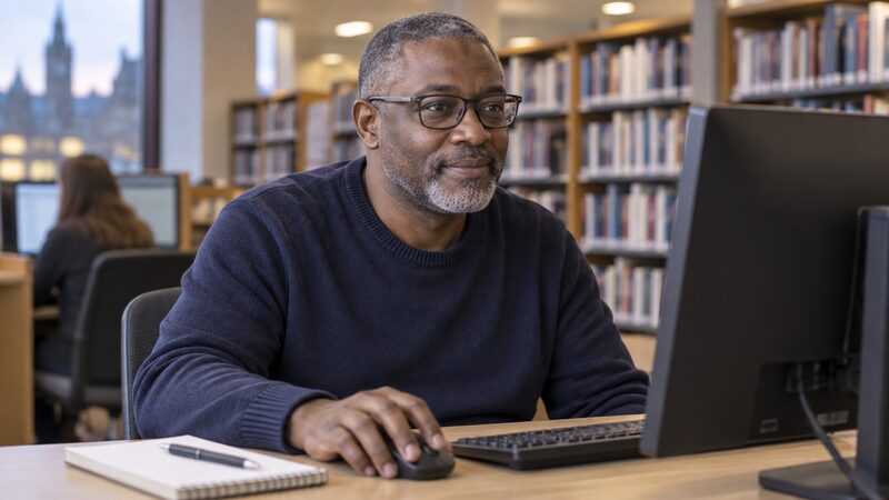 A man sits at a public library computer working through an online debt advice tool.