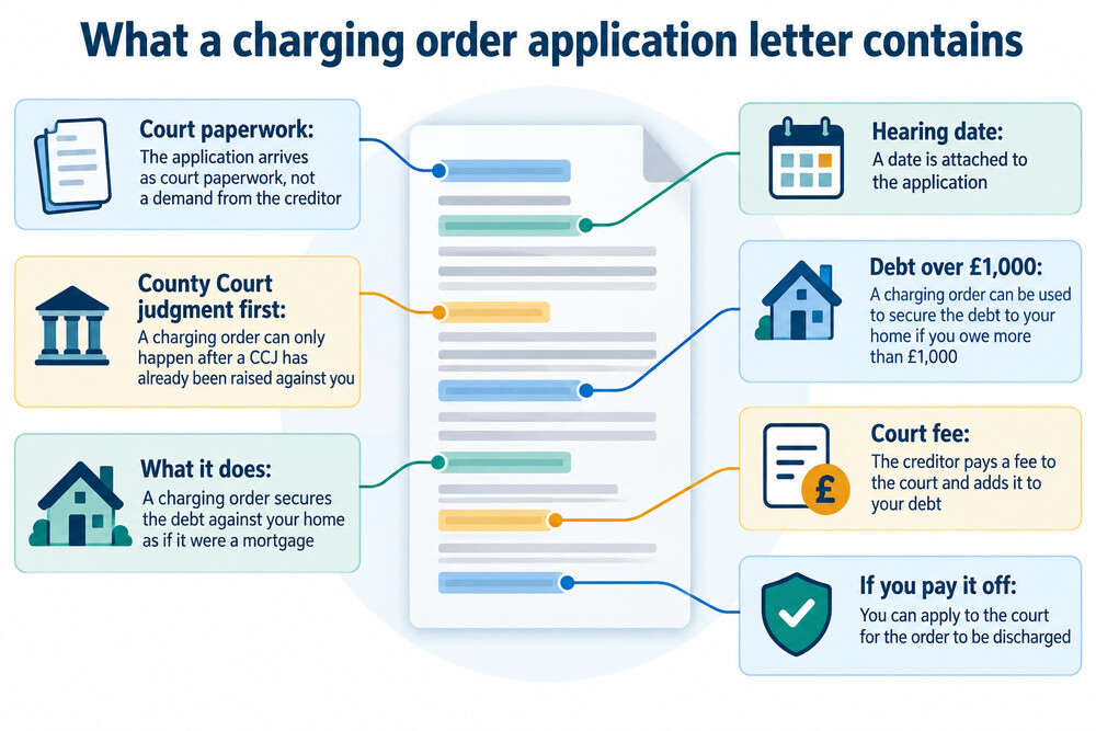 A letter from a county court about a charging order application, with the hearing date highlighted