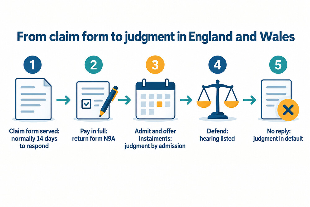 Diagram of the paths from a claim form to a CCJ or a hearing