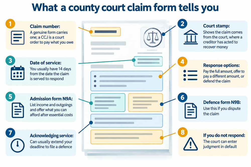 A county court claim form with its claim number and court stamp visible