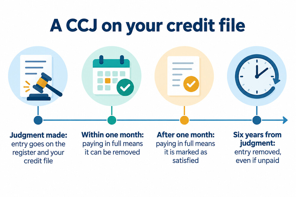 A timeline showing a CCJ from judgment to removal from the credit file